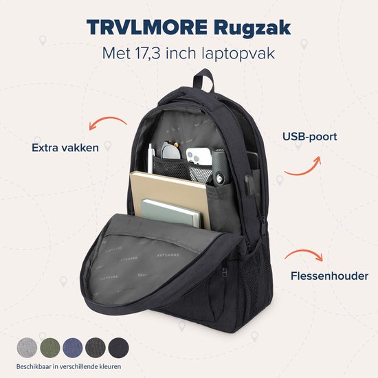 TRVLMORE Rugzak - 36L - 17,3 inch - Laptop Rugtas - Schooltas - Unisex - Spatwaterdicht - Levenslange Garantie - Zwart - TRVLMORE