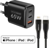 Chargeur rapide MOJOGEAR CHARGE+ 65W avec câble Lightning vers USB-C 1,5M - Convient pour charger rapidement iPhone et iPad via USB Power Delivery
