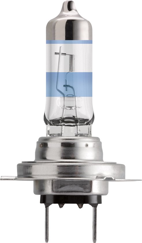 Philips H7 autolamp met zilverkleurige voet en blauwe strepen op glas.