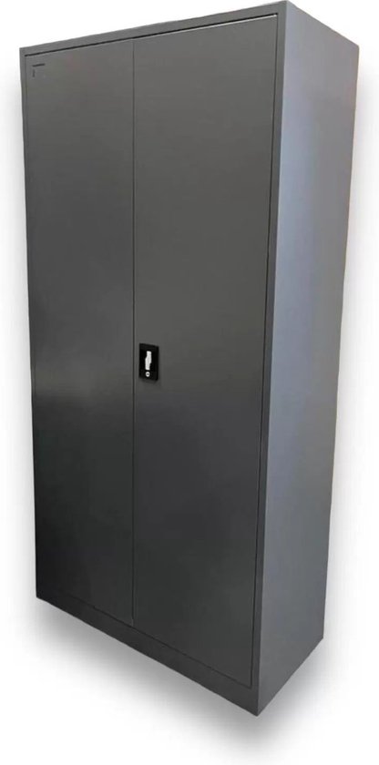 Gesloten antraciet metalen archiefkast met openslaande deuren en handgreep met slot.