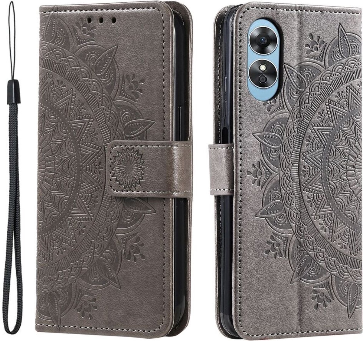 Oppo A17 Hoesje Mandala Book Case met Pasjeshouder Grijs