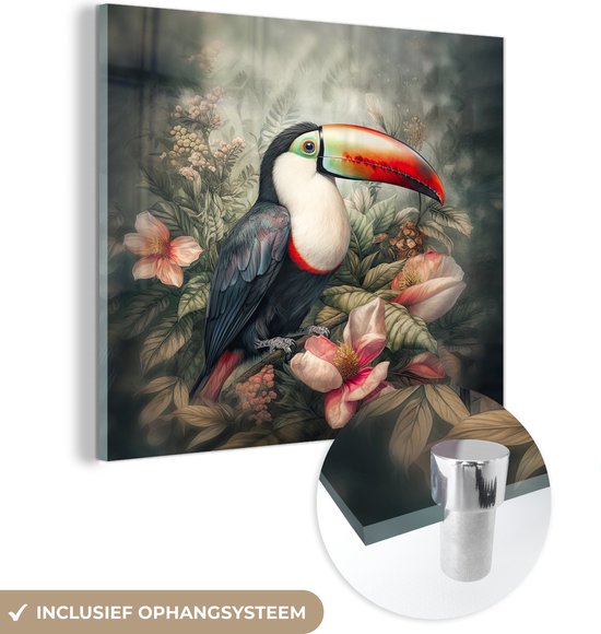 MuchoWow® Glasschilderij 50x50 cm - Schilderij acrylglas - Toekan - Vogels - Bloemen - Planten - Tropisch - Foto op glas - Schilderijen