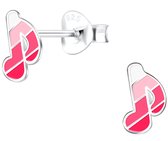 Joy|S - Zilveren muzieknoot oorbellen - 5 x 7 mm - wit roze gestreept - muziek noot oorknoppen - kinderoorbellen