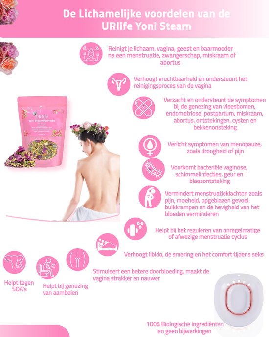 URlife® - Vaginale Stoombad- Helpt tegen Schimmelinfecties, Geur en meer- Vaginale Gezondheid- Vaginale Verzorging + Reiniging- Vagina Douche / Bad- Roze - URlife