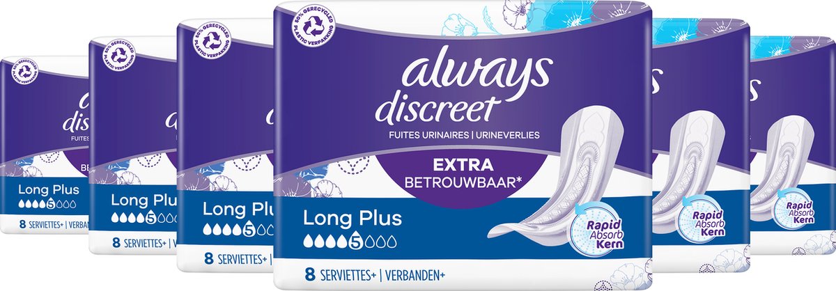 Always Discreet Incontinentieverbanden Plus Voor Urineverlies - Long Plus - Voordeelverpakking 6 x 8 stuks - Always