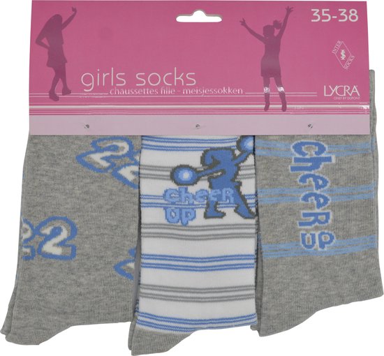 Meisjes sokken - katoen 6 paar - cheer - maat 23/26 - assortiment blauw/grijs - naadloos
