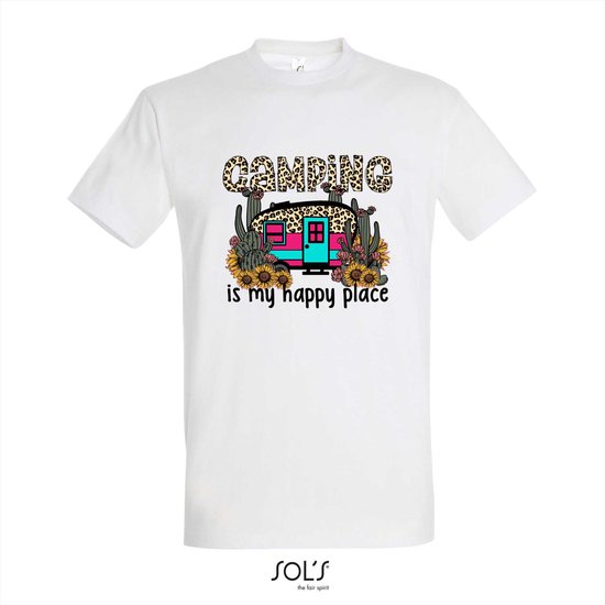 T-shirt Camping is my happy place - T-shirt korte mouw - Wit - 10 jaar