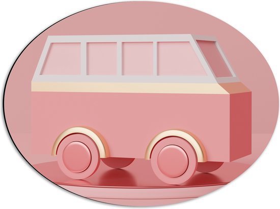 Dibond Ovaal - Roze Speelgoed Camper tegen Roze Achtergrond - 56x42 cm Foto op Ovaal (Met Ophangsysteem)