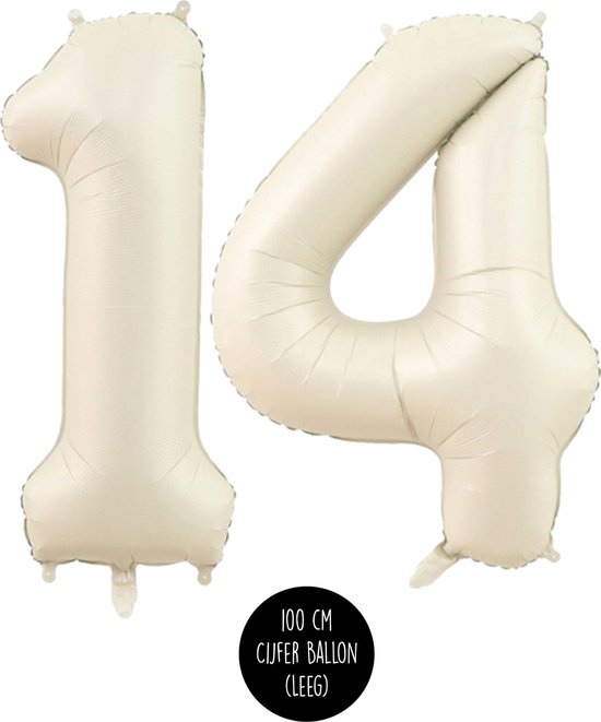 Cijfer Helium Folie ballon XL - 14 jaar cijfer - Creme - Satijn - Nude - 100 cm - leeftijd 14 jaar feestartikelen verjaardag