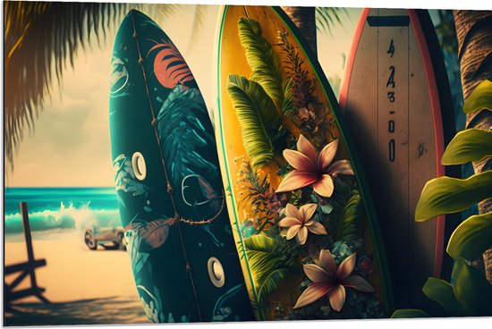Dibond - Rij Surfplanken in Verschillende Patronen en Kleuren op het Strand - 90x60 cm Foto op Aluminium (Wanddecoratie van metaal)