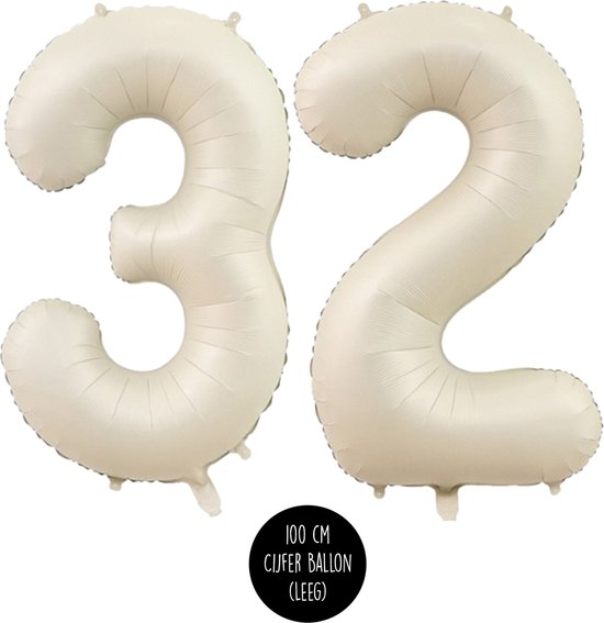 Cijfer Helium Folie ballon XL - 32 jaar cijfer - Creme - Satijn - Nude - 100 cm - leeftijd 32 jaar feestartikelen verjaardag