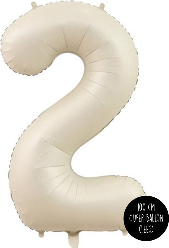 Cijfer Helium Folie Ballon XL - 2 jaar cijfer - Creme - Satijn - Nude - 100 cm - leeftijd 2 jaar feestartikelen verjaardag