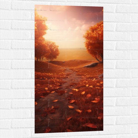 Muursticker - Schilderij van Weg tussen Bomen Bedolven onder Herfstbladeren met Prachtig Uitzicht - 50x100 cm Foto op Muursticker