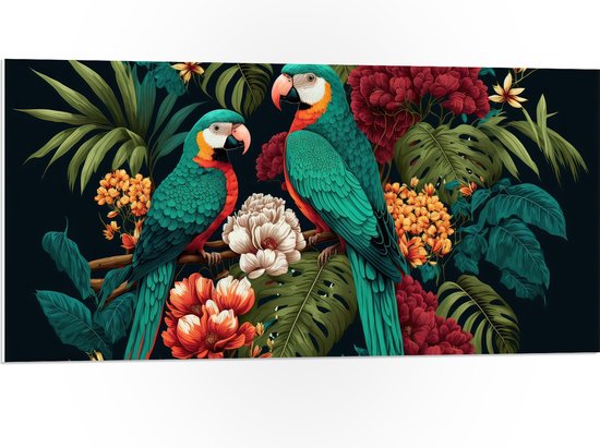 PVC Schuimplaat- Schilderij van Twee Papegaaien tussen de Kleurrijke Bloemen en Planten - 100x50 cm Foto op PVC Schuimplaat