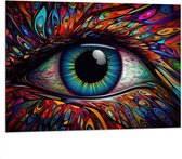 Dibond - Schilderij van Blauw oog op Kleurrijk Gezicht met Patronen - 100x75 cm Foto op Aluminium (Wanddecoratie van metaal)