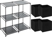 5Five Kastmandjes/opberg manden - zwart - 4x stuks van 29L - Metalen rekje is 68 x 68 cm