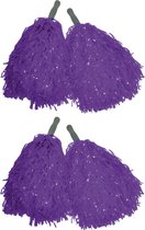 Cheerballs/pompoms - 4x - paars - met franjes en stick handgreep - 25 cm - voor kinderen