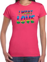 Bellatio Decorations Gay Pride t-shirt met tekst - dames - roze - I want love - LHBTI/LHBTIQ L
