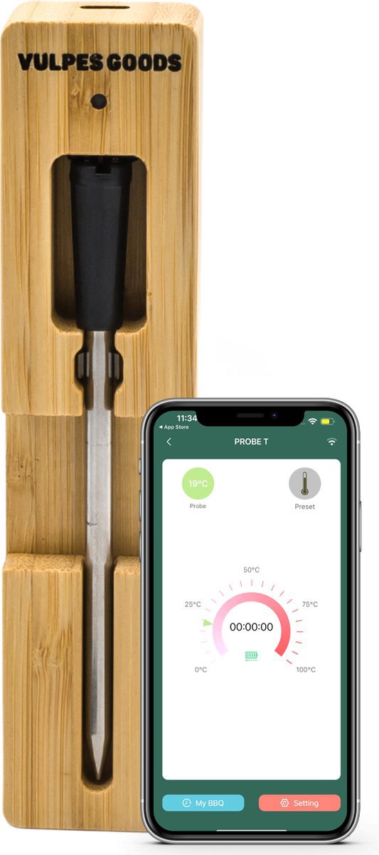 Vulpes Goods® Kitchen - Vleesthermometer Pro - BBQ thermometer - Oventhermometer - Draadloos, Bluetooth & App - RVS & Fast Charger - 30 meter - Incl. E-Book