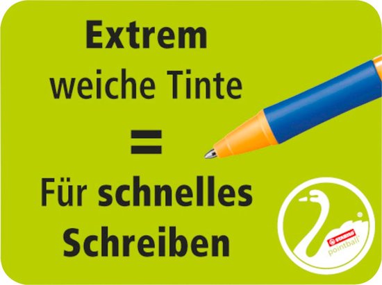 Tekst in het Duits met een afbeelding van een blauwe en oranje penpunt. 'Extreem zachte inkt = voor snel schrijven'.
