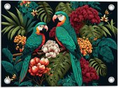 Tuinposter – Schilderij van Twee Papegaaien tussen de Kleurrijke Bloemen en Planten - 40x30 cm Foto op Tuinposter (wanddecoratie voor buiten en binnen)