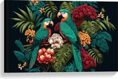 Canvas - Schilderij van Twee Papegaaien tussen de Kleurrijke Bloemen en Planten - 60x40 cm Foto op Canvas Schilderij (Wanddecoratie op Canvas)