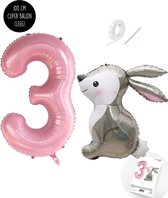 Snoes - Stampertje Basis ballon set XXL Cijferballon Baby Roze Pink Nude 3 - Lief Konijn + Cijfer Ballon 3 Jaar - Helium Geschikt