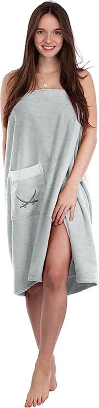 Paréo de sauna pour femme, kilt de sauna S- XXL, avec fermeture velcro, élastique et poche avec logo sabre brodé, 100% coton, argent