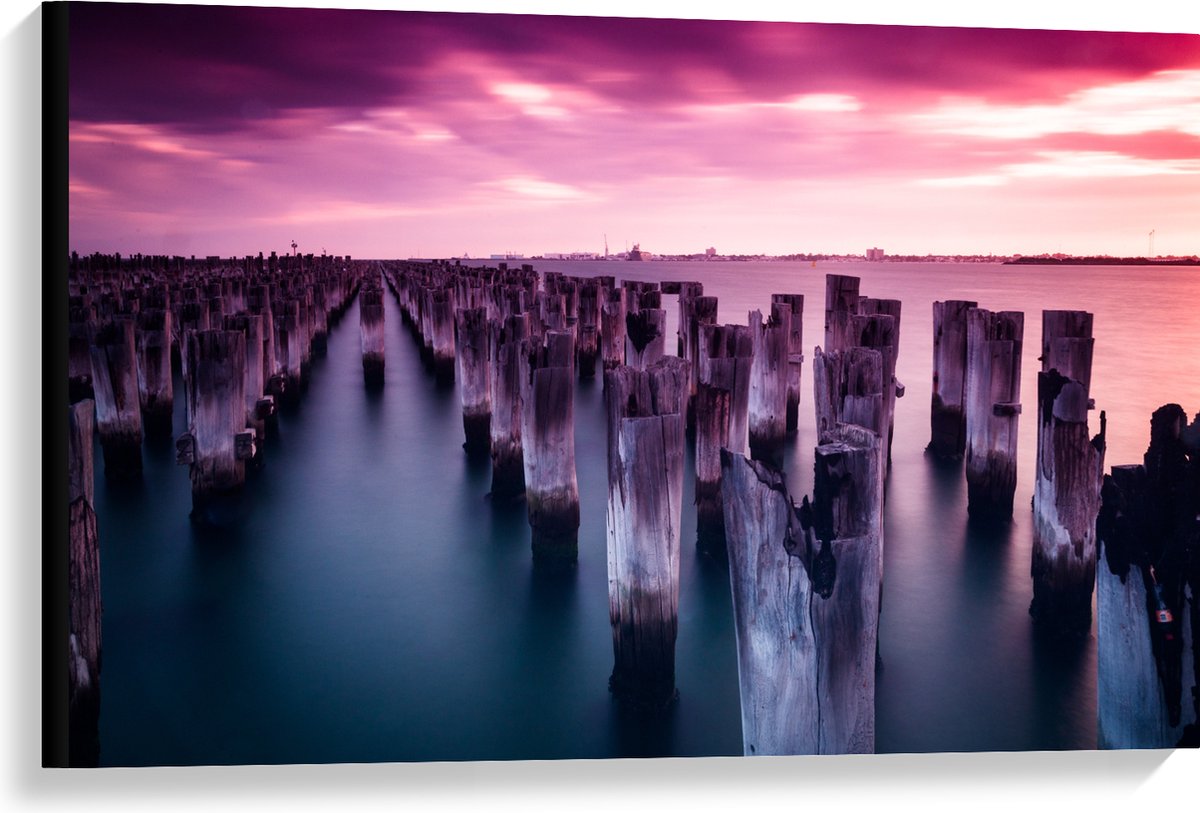Canvas - Palen - Water - Hout - Zee - Kleuren - 90x60 cm Foto op Canvas Schilderij (Wandde