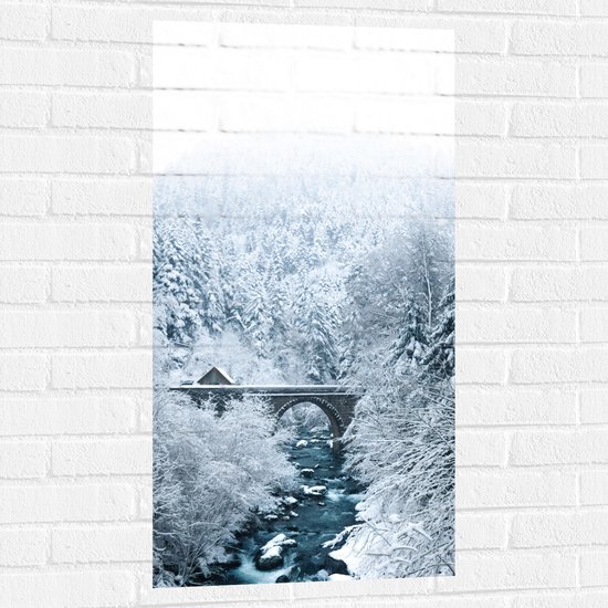 Muursticker - Brug - Rivier - Beekje - Sneeuw - Bomen - Stenen - Ijs - Water - Wit - 50x100 cm Foto op Muursticker