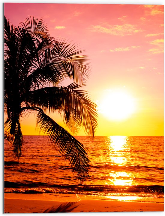 Dibond - Silhouet van Grote Palmboom boven de Golven in de Zee tijdens Zonsondergang - 60x80 cm Foto op Aluminium (Wanddecoratie van metaal)