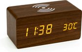 TIN-IN - Digitale Bureauklok - Temperatuurmeter met Draadloze oplader - Donker hout