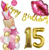 Snoes Beauty Helium Ballonnen Set 15 Jaar - Roze Folieballonnen - Slinger Happy Birthday Goud