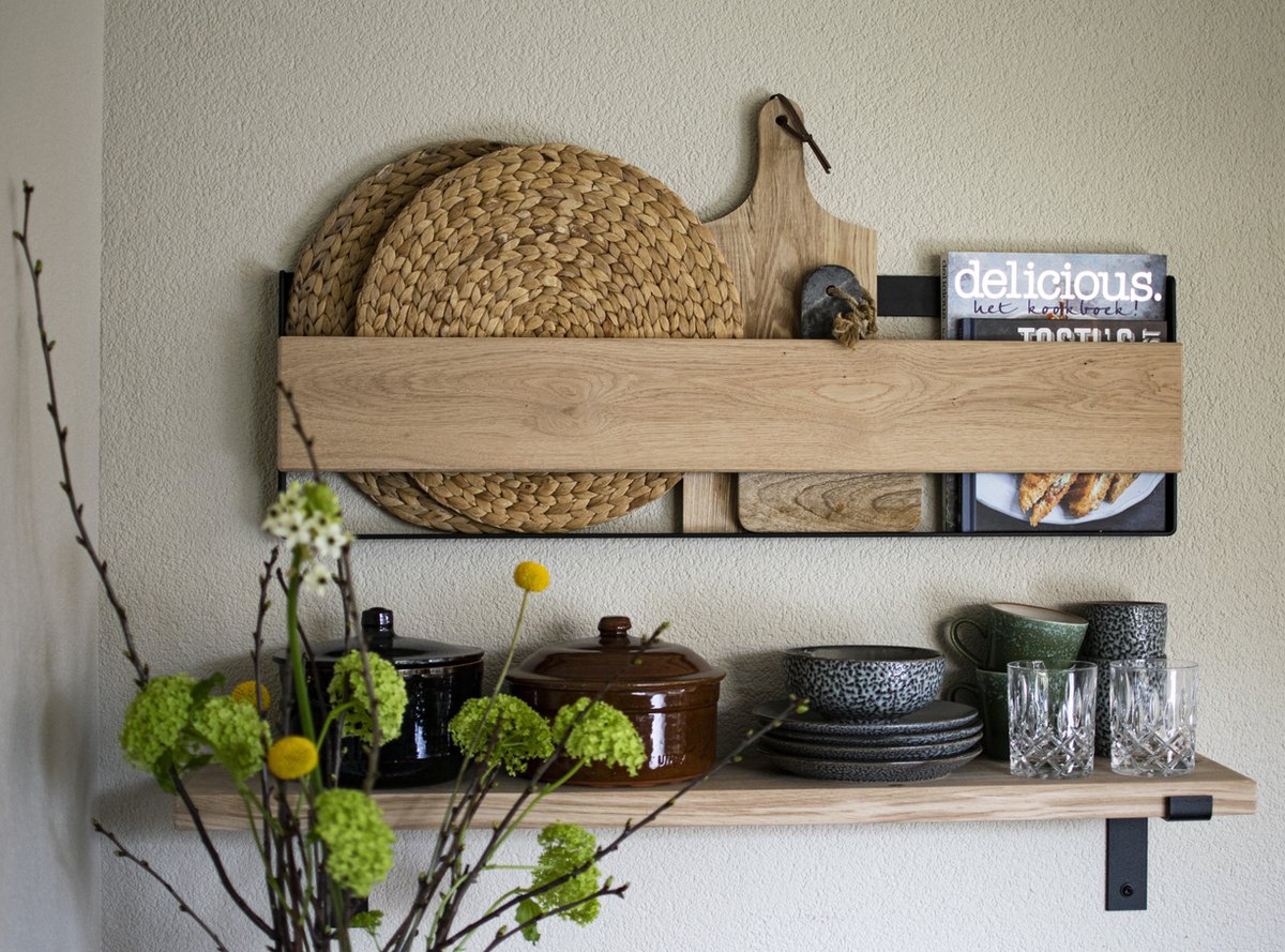 GoudmetHout Wandrek Industrieel - 86 cm Tijdschriftenrek - Eiken Hout & Mat Zwart Staal - Decoratie Wandrek & Boekenrek - Tijdschriftenhouder Muur - Magazinehouder