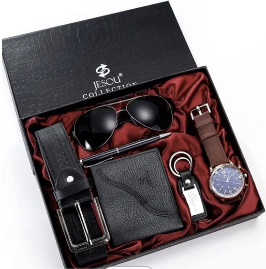 coffret montre pour homme - coffret cadeau - cadeau avec montres pour homme - ceinture - portefeuille - lunettes de soleil (modèle rayban) - porte-clés et stylo de luxe - valentine - cadeau homme original