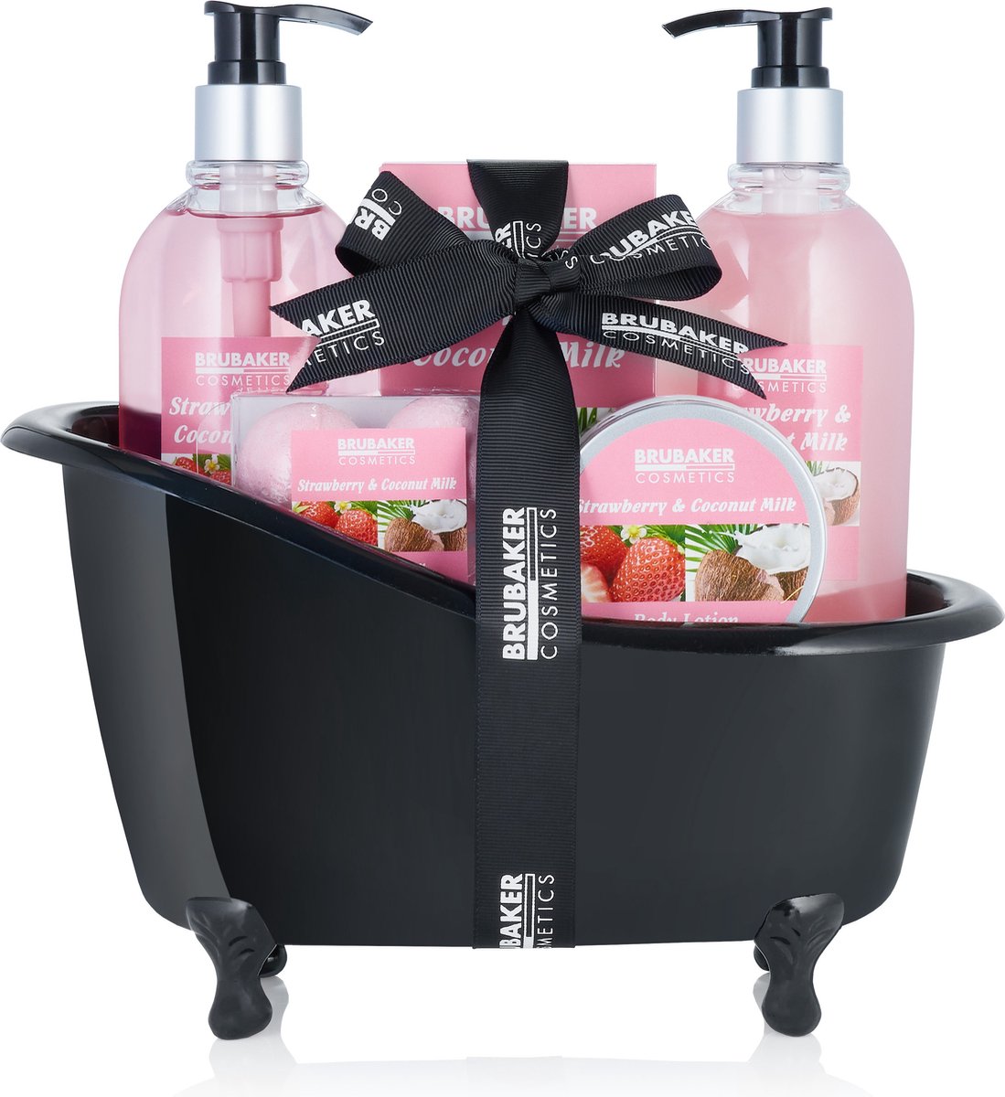 Goedkoopste BRUBAKER Cosmetics Bad- en Doucheset - Cadeautip vrouw - Aardbei Kokosnoot in Decoratieve Badkuip - Verwenpakket Vrouw - Cadeau Geschenkset Zwart 9 stuks