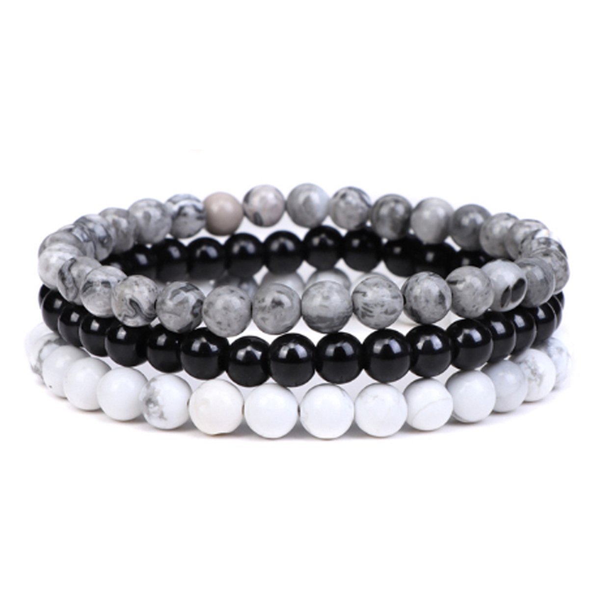 Bixorp Gems 6mm Picasso Jaspis + Onyx + Howliet Edelstenen Armbanden Set - Kralenarmband Cadeau - 18cm