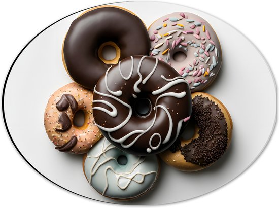 Dibond Ovaal - Stapel Verschillende Smaken Donuts tegen Lichtgekleurde Achtergrond - 40x30 cm Foto op Ovaal (Met Ophangsysteem)