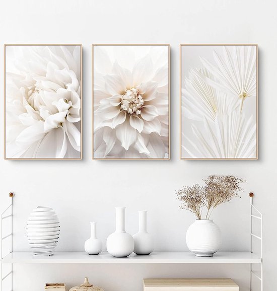 Set de 3 Posters Blanc Rose Fleurs Moderne Toile Photos Sans Cadre  Peintures Murales