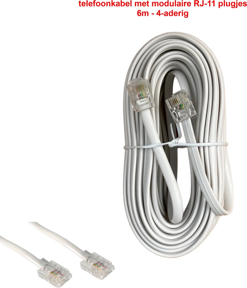 TELEFOONKABEL - 10m – soepel - met modulaire RJ11-connectors 6P4C - 4-aderig - wit