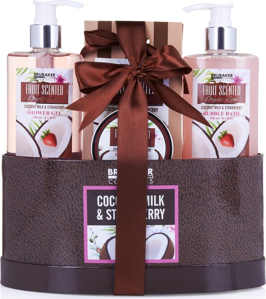 BRUBAKER Cosmetics Bad- en Doucheset Kokos- en Aardbeiengeur - 5-delige Cadeauset - Cadeautip Vrouw - Cadeau Idee - Cadeau