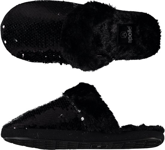 Dames instap slippers/pantoffels met pailletten zwart maat 37-38