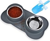 Pecute Hondenkommen Antislip, Roestvrijstalen Dubbele Kommen Set met Anti-lek Siliconen Mattenbakje voor Katten Puppy's Kleine Honden Watervoeding Voeren (14oz elke kom, grijs)