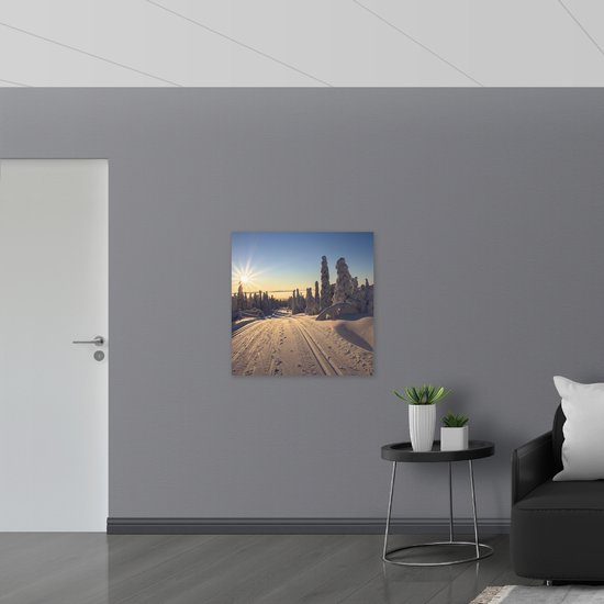 Acrylglas - Sneeuw - Bomen - Bossen - Zon - Wit - 80x80 cm Foto op Acrylglas (Met Ophangsysteem)