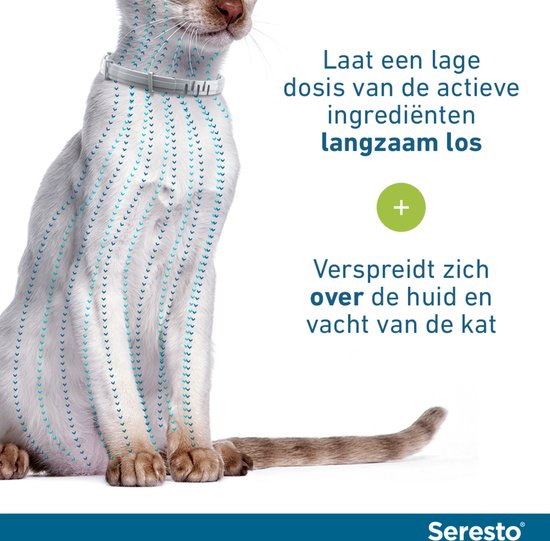 Kattenhalsband Seresto laat langzaam actieve ingrediënten los die zich verspreiden over huid en vacht.