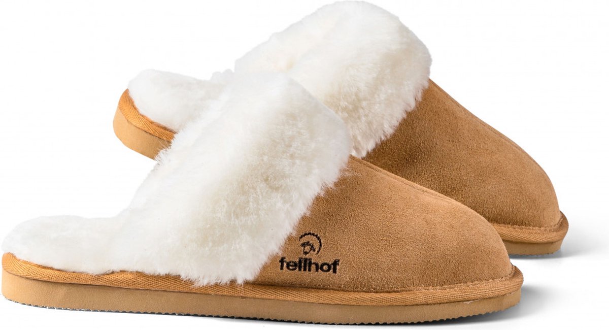 Warme met wol gevoerde leren Fellhof Komfort pantoffels dames hellbraun, maat 36