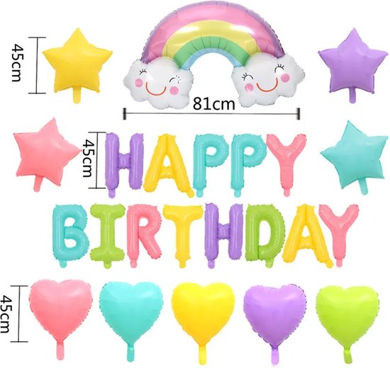 Folie ballonnen set Happy Birthday Rainbow macaron mat XL - ballon - happy birthday - ster - hart - macaron - decoratie