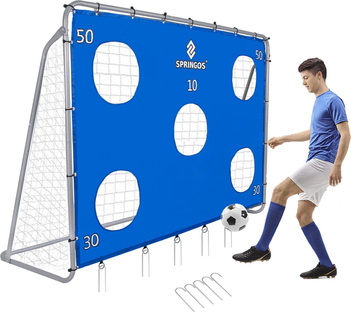 Springos Voetbaldoel | Staal | Met Trainingsmat | Trainen | 240 x 170 | Grijs/Blauw