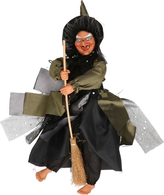 Décoration Halloween horreur poupée sorcière sur balai - 40 cm - noir/vert - Articles de décoration/fête