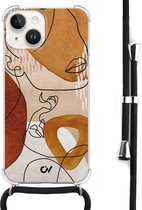 Casevibes - Telefoonhoesje met koord - Geschikt voor Apple iPhone 14 - Abstract Shape Faces - Bruin - Geometrisch patroon